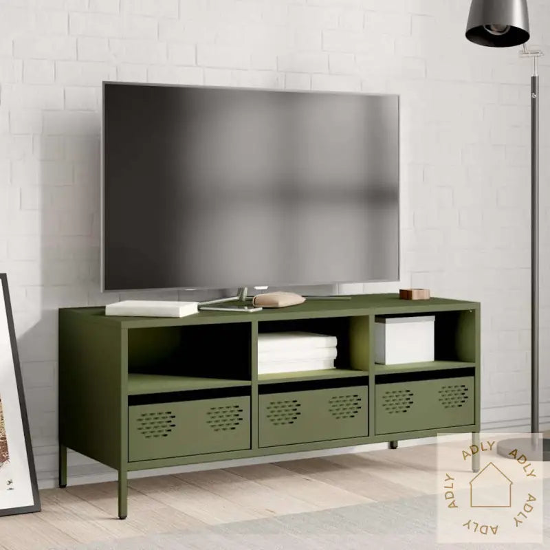 Tv-Benk Olivengrønn 101,5X39X43,5 Cm Kaldvalset Stål