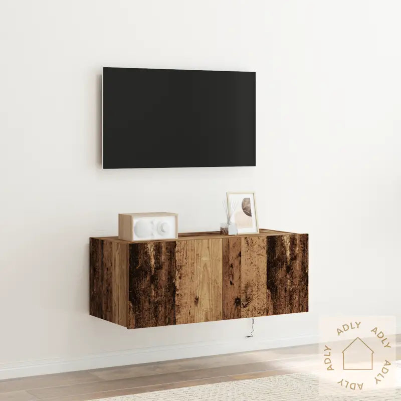 Tv Veggskap Med Led Lys I Gammelt Tre 80X35X31 Cm