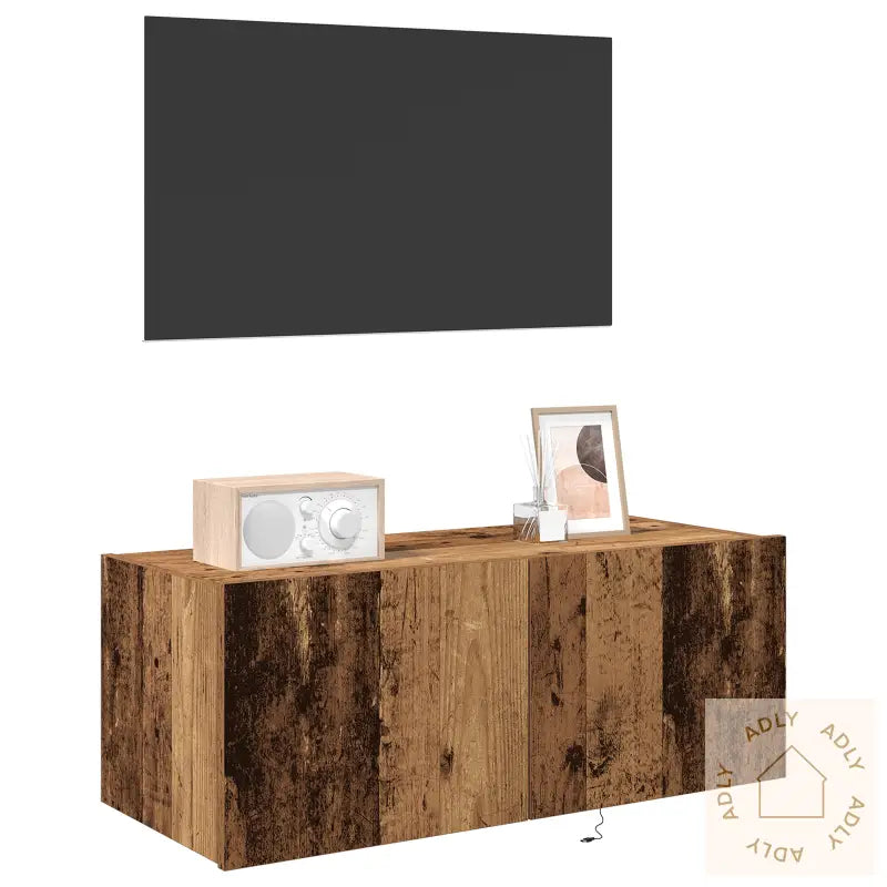Tv Veggskap Med Led Lys I Gammelt Tre 80X35X31 Cm