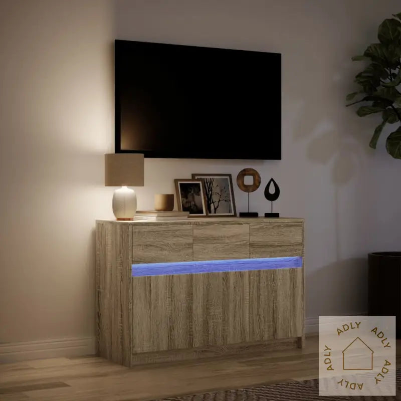 Tv-Benk Med Led Sonoma Eik 91X34X61 Cm Konstruert Tre