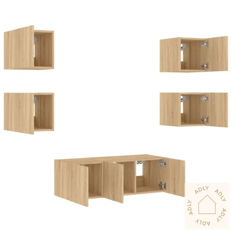 Vegghengte Tv-Enheter Med Led 6 Deler Sonoma Eik Konstruert Tre