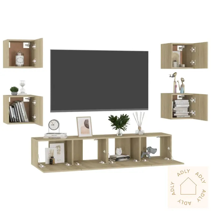 Tv-Benksett 6 Stk Sonoma Eik Konstruert Tre