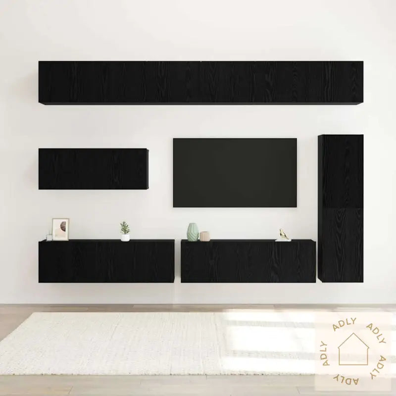 7-Delt Tv-Oppbevaringssett - Veggmontert - Svart Eik, Konstruert Tre