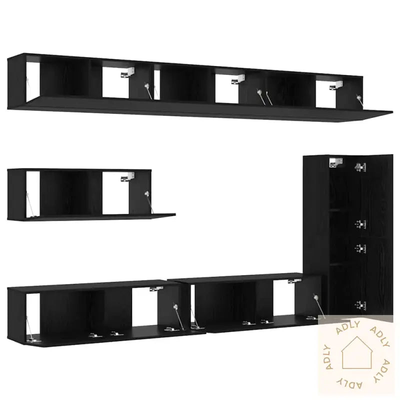 7-Delt Tv-Oppbevaringssett - Veggmontert - Svart Eik, Konstruert Tre