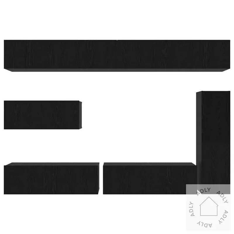 7-Delt Tv-Oppbevaringssett - Veggmontert - Svart Eik, Konstruert Tre