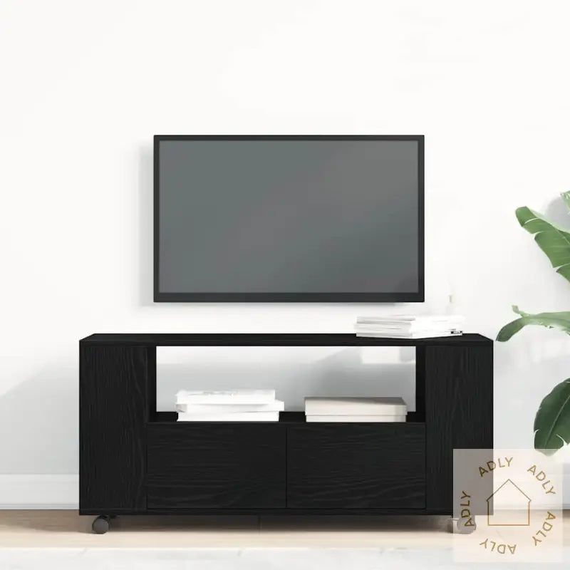 Tv-Benk Med Hjul Svart Eik 102X34,5X43 Cm Konstruert Tre