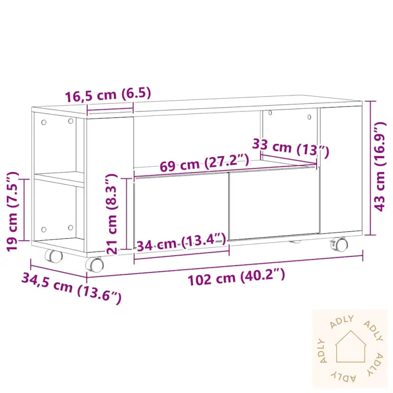 Tv-Benk Med Hjul Svart Eik 102X34,5X43 Cm Konstruert Tre