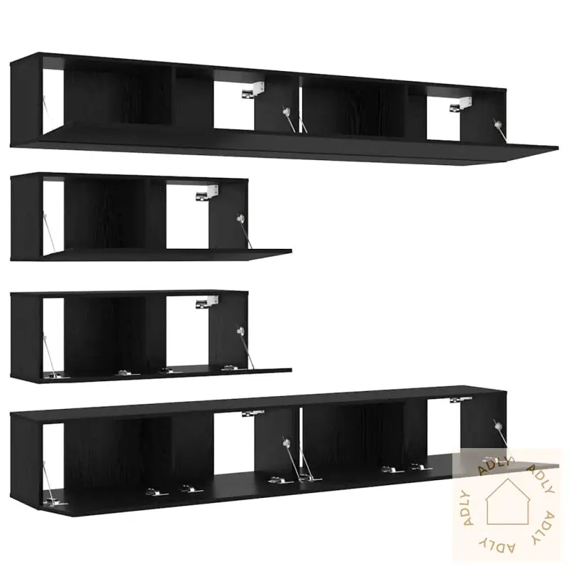 6-Delt Veggmontert Tv-Kabinett I Svart Eik, Konstruert Tre