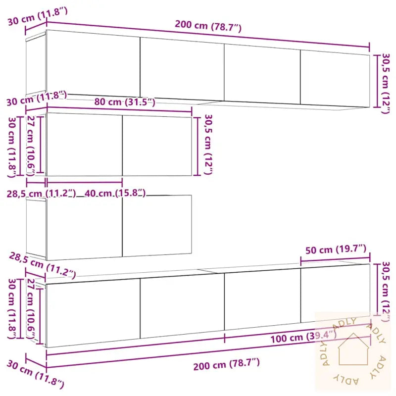 6-Delt Veggmontert Tv-Kabinett I Svart Eik, Konstruert Tre