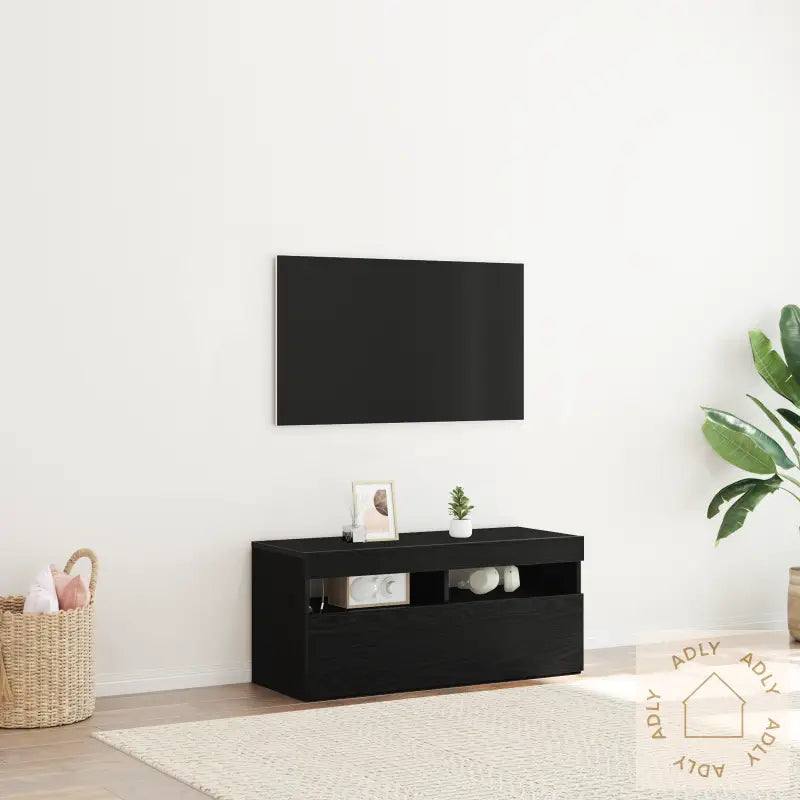 Tv-Skap Med Led-Lamper - Svart Eik, 90X35X40 Cm, Konstruert Tre
