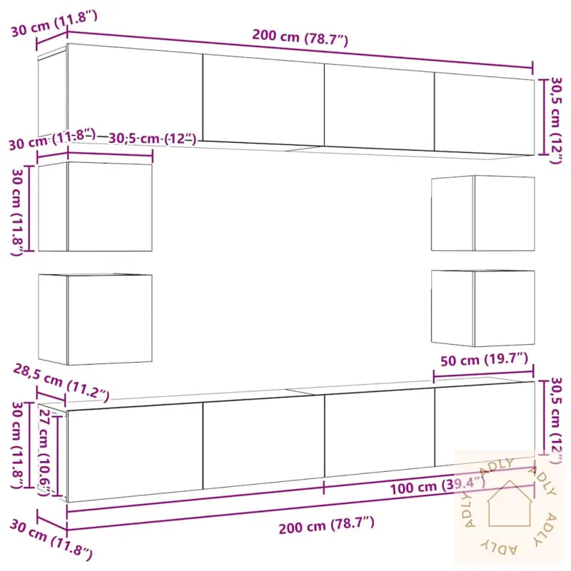 8-Delt Tv-Kabinettsett – Veggmontert I Svart Eik