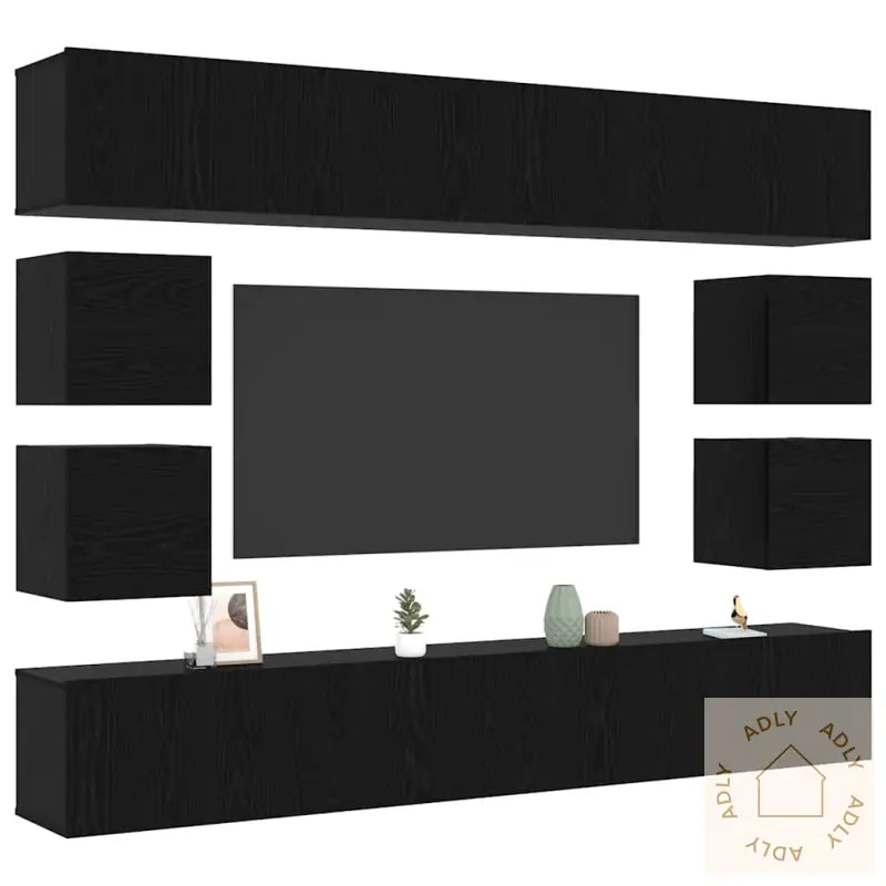 8-Delt Tv-Kabinettsett – Veggmontert I Svart Eik