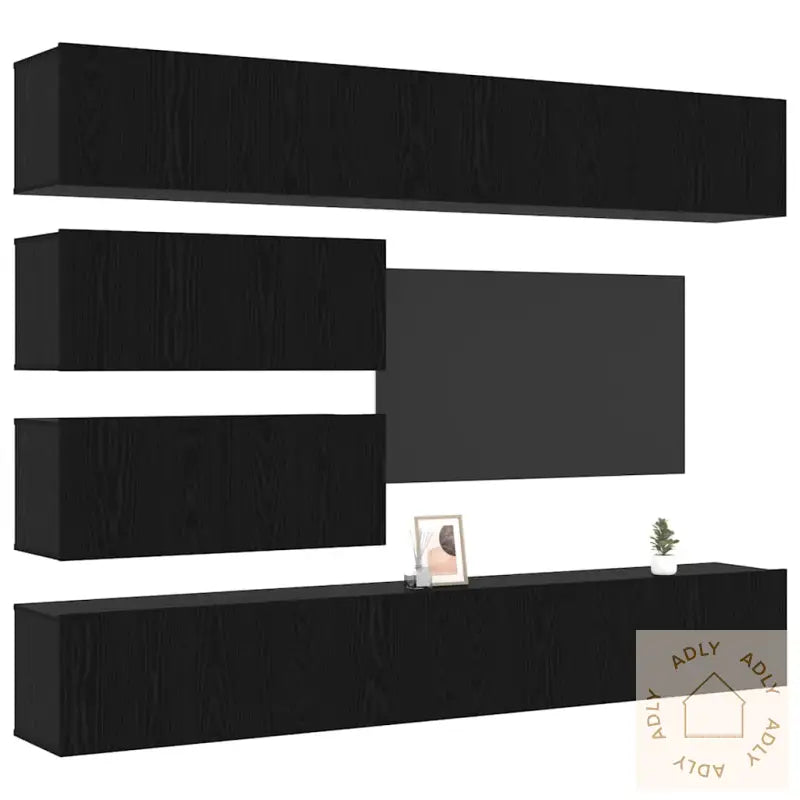10 Deler Tv Kabinett Sett - Veggmontert I Svart Eik, Konstruert Tre