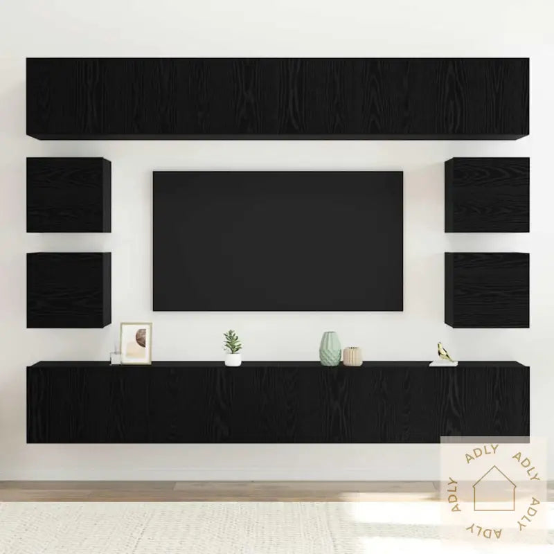 8-Delt Tv-Kabinettsett – Veggmontert I Svart Eik