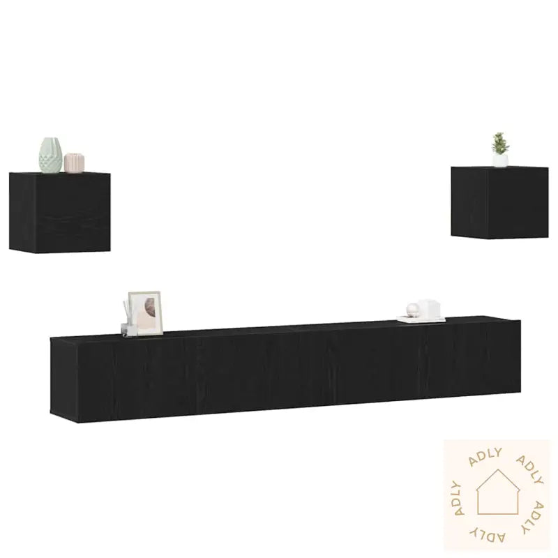 6-Delt Tv-Stativsett - Veggmontert, Svart Eik, Konstruert Tre