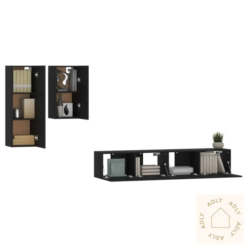 Tv-Skapsett 4 Deler Svart Konstruert Tre