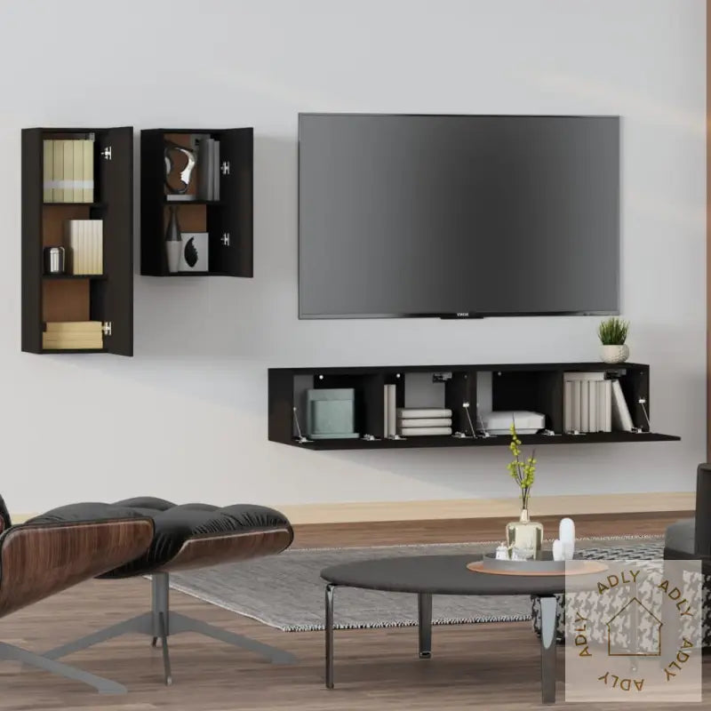 Tv-Skapsett 4 Deler Svart Konstruert Tre