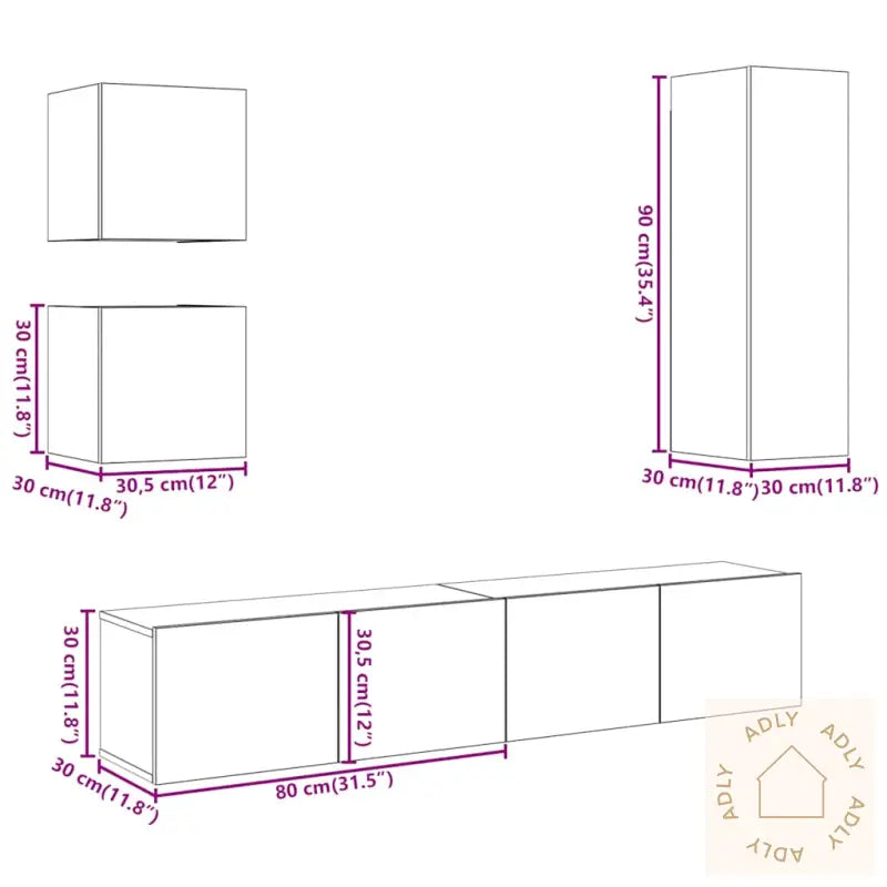 Tv-Skapsett 5 Deler Veggmontert Gammelt Tre Konstruert Tre