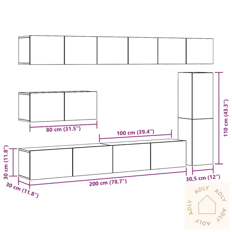 Tv-Skapsett 7 Deler Veggmontert Gammelt Tre Konstruert Tre