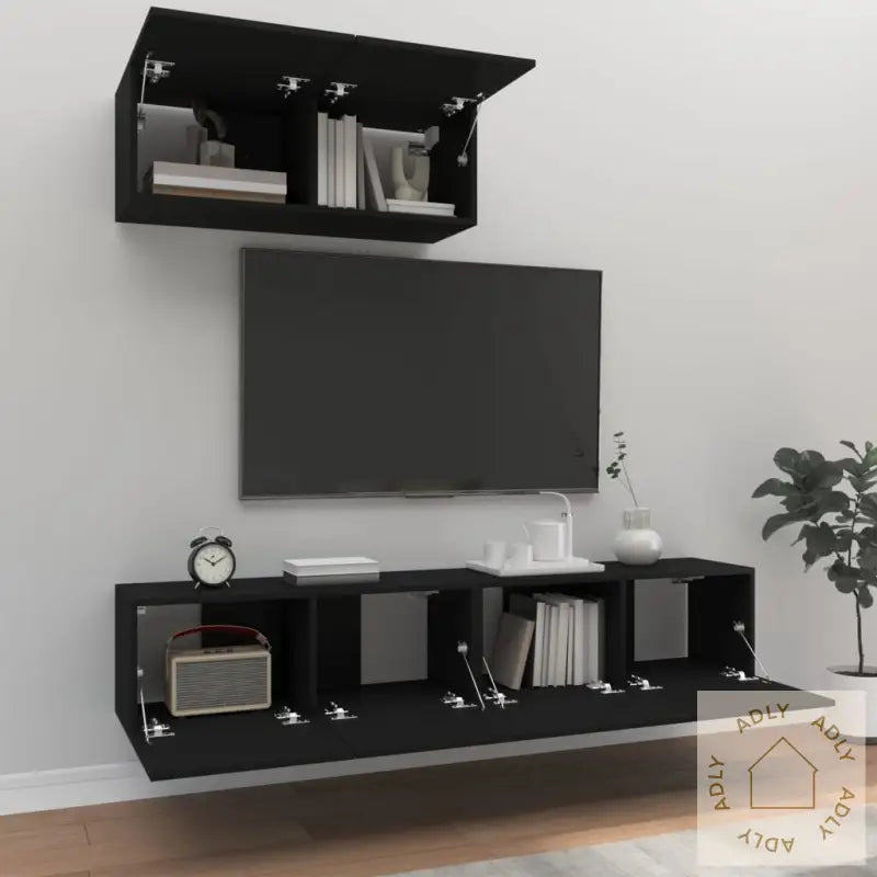 Tv-Skapsett 3 Deler Svart Konstruert Tre