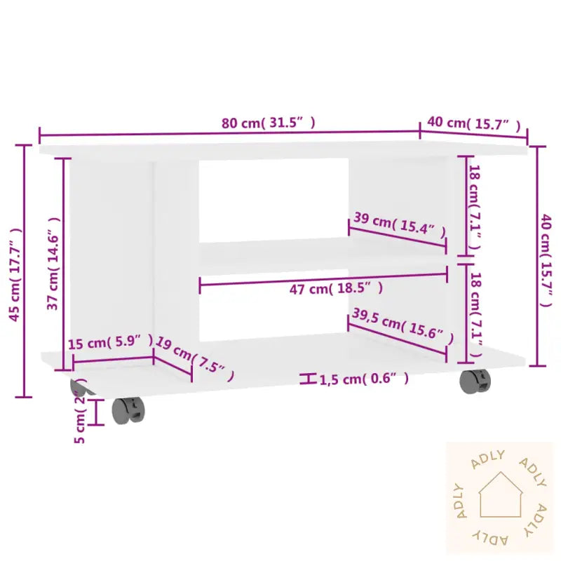 Tv-Benk Med Hjul Hvit 80X40X45 Cm Konstruert Tre