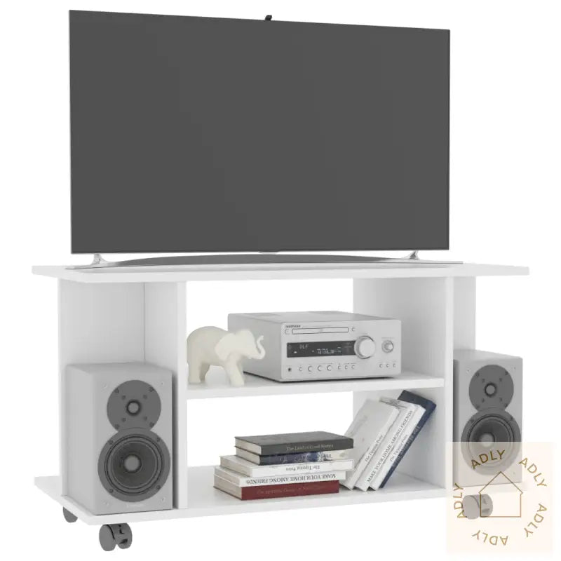 Tv-Benk Med Hjul Hvit 80X40X45 Cm Konstruert Tre