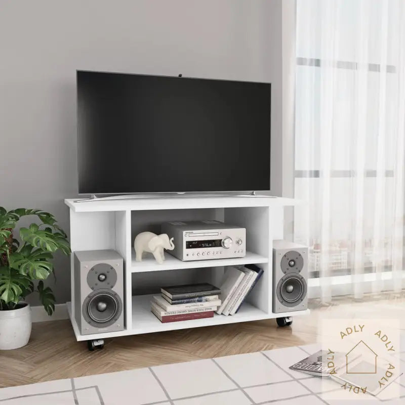 Tv-Benk Med Hjul Hvit 80X40X45 Cm Konstruert Tre