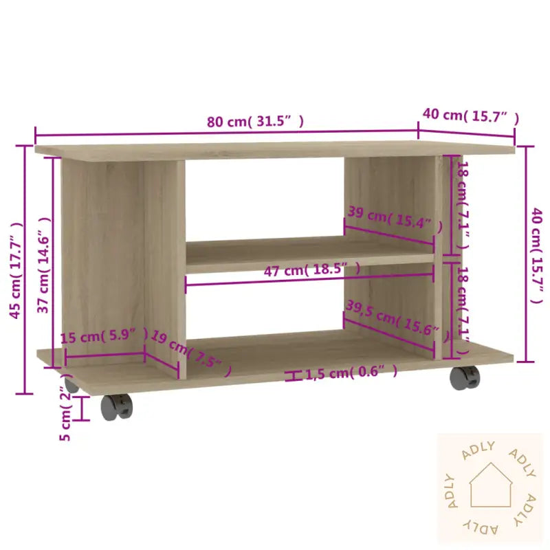 Tv-Benk Med Hjul Sonoma Eik 80X40X45 Cm Konstruert Tre