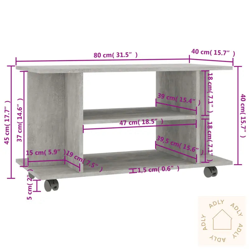 Tv-Benk Med Hjul Betonggrå 80X40X45 Cm Konstruert Tre