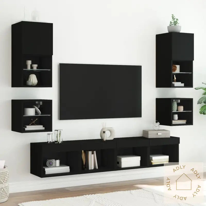 Vegghengt Tv-Benk Med Led Svart 30X28,5X30 Cm