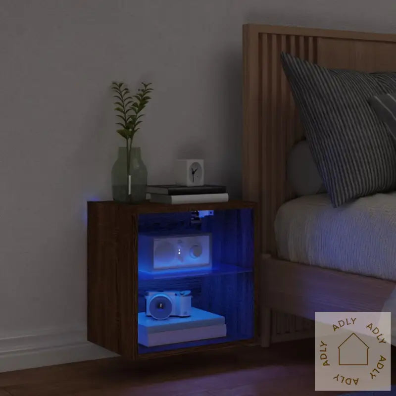 Veggmontert Nattbord Med Led-Lys Brun Eik