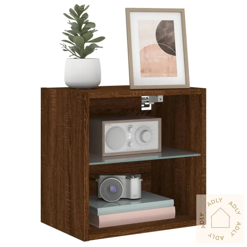 Veggmontert Nattbord Med Led-Lys Brun Eik