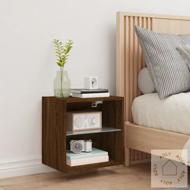 Veggmontert Nattbord Med Led-Lys Brun Eik