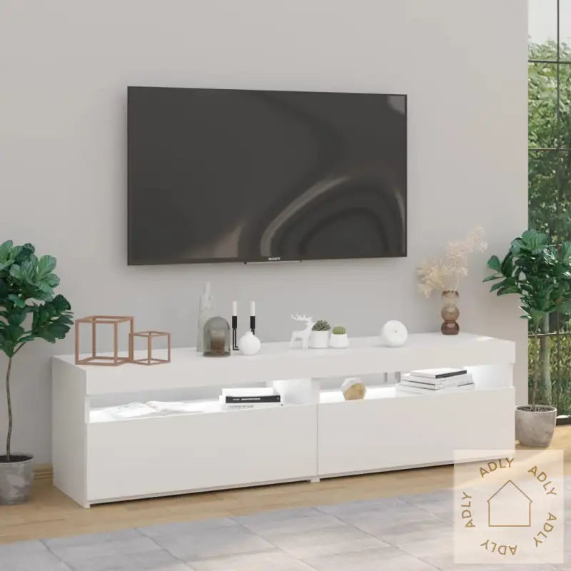 Tv-Benker 2 Stk Med Led-Lys Høyglans Hvit 75X35X40 Cm