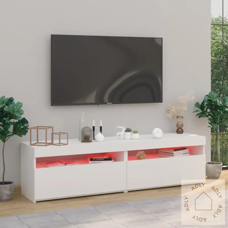 Tv-Benker 2 Stk Med Led-Lys Høyglans Hvit 75X35X40 Cm