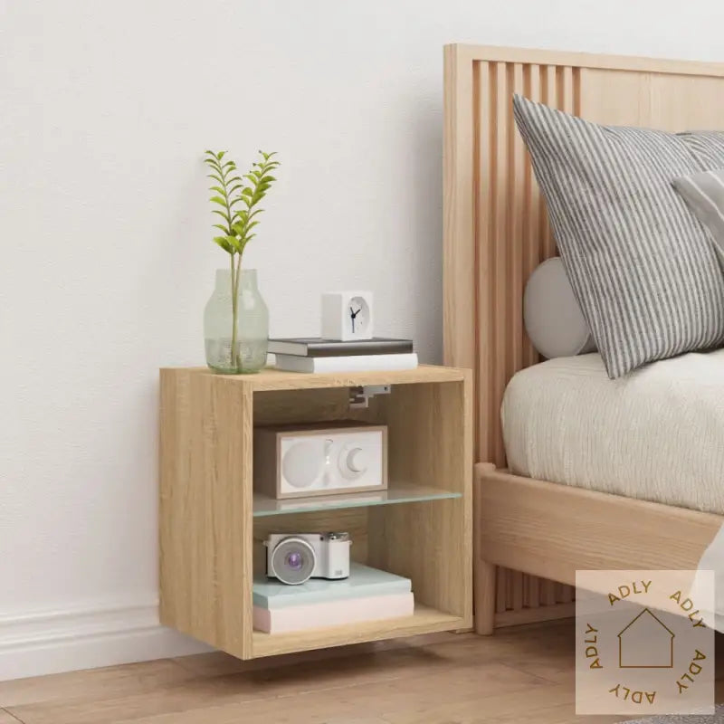 Veggmontert Nattbord Med Led-Lys Sonoma Eik