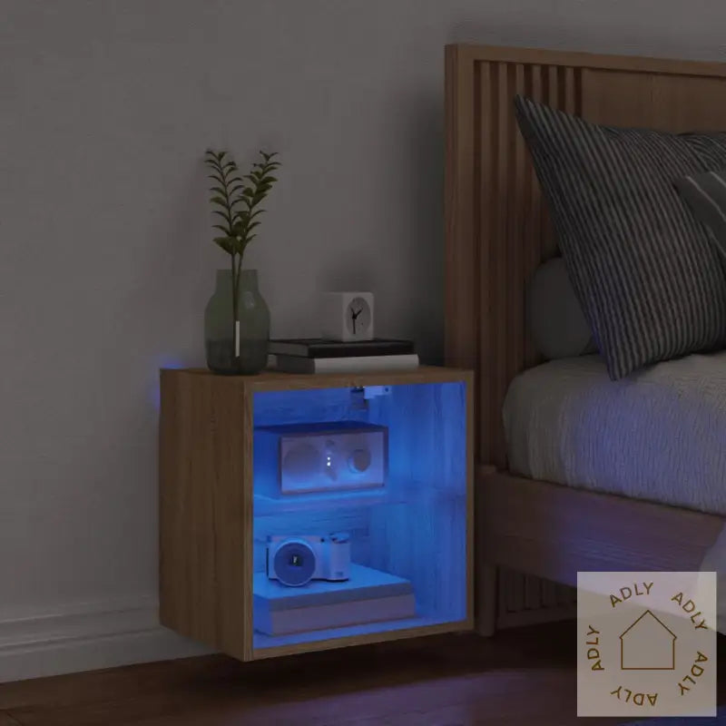 Veggmontert Nattbord Med Led-Lys Sonoma Eik