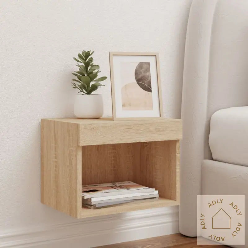 Veggmontert Nattbord Med Led-Lys Sonoma Eik