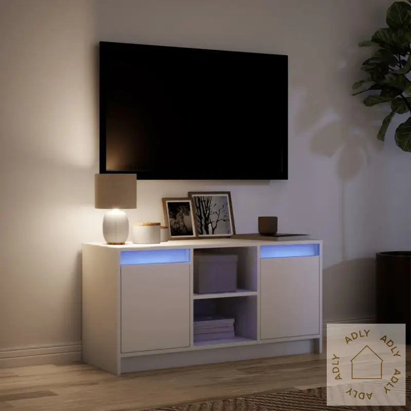 Tv-Benk Med Led Hvit 100X34X50 Cm Konstruert Tre