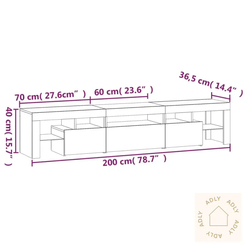 Tv-Benk Med Led-Lys Betonggrå 200 X 36,5 X 40 Cm