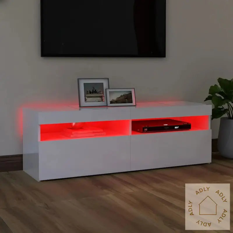 Tv-Benk Med Led-Lys Høyglans Hvit 120X35X40 Cm