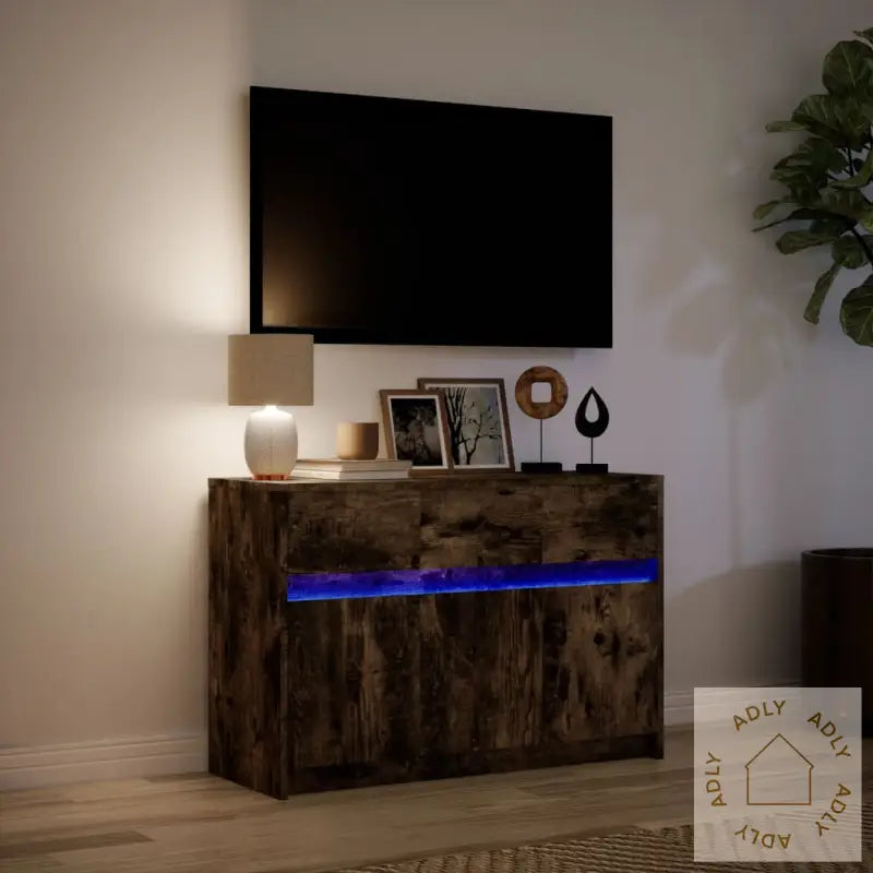 Tv-Benk Med Led Røkt Eik 91X34X61 Cm Konstruert Tre