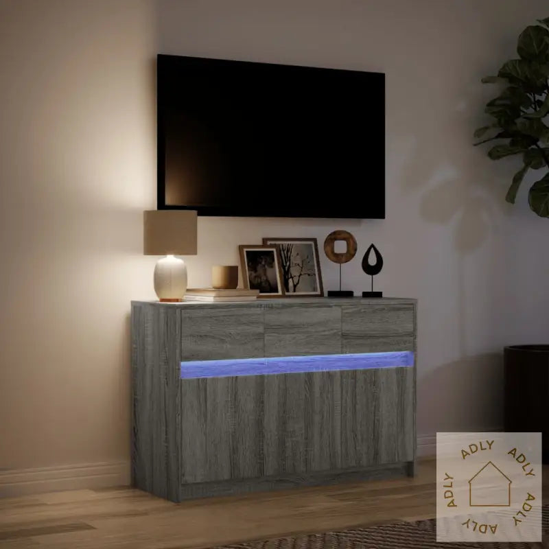 Tv-Benk Med Led Grå Sonoma 91X34X61 Cm Konstruert Tre