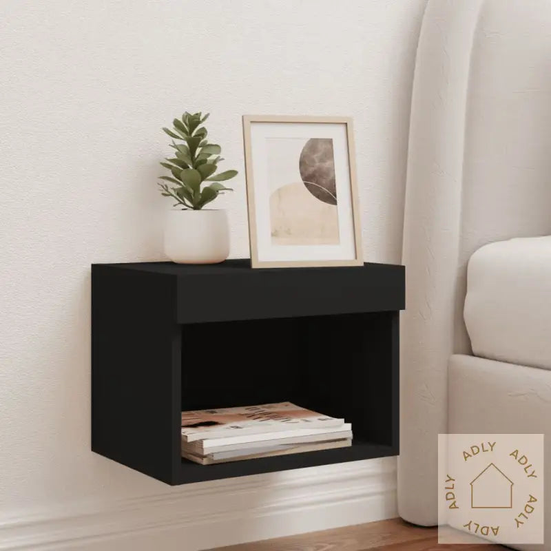 Veggmontert Nattbord Med Led-Lys Svart