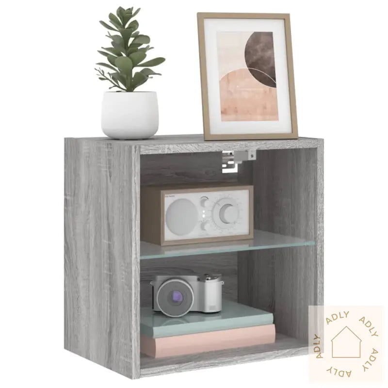 Veggmontert Nattbord Med Led-Lys Grå Sonoma