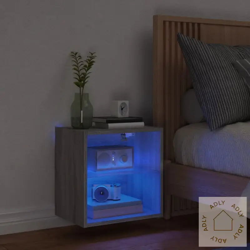 Veggmontert Nattbord Med Led-Lys Grå Sonoma