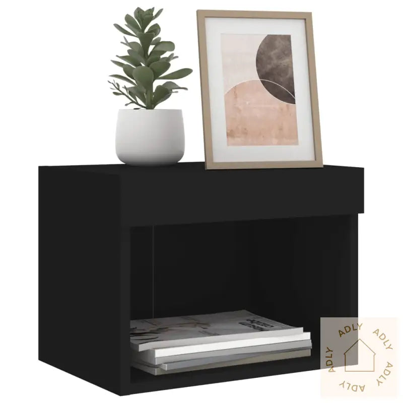 Veggmontert Nattbord Med Led-Lys Svart