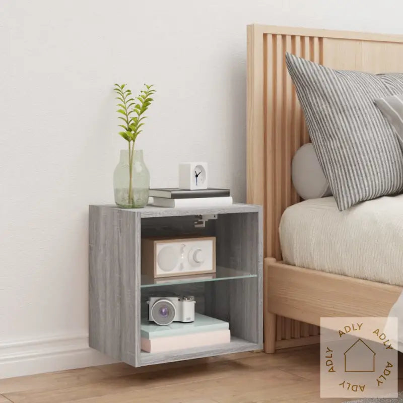 Veggmontert Nattbord Med Led-Lys Grå Sonoma