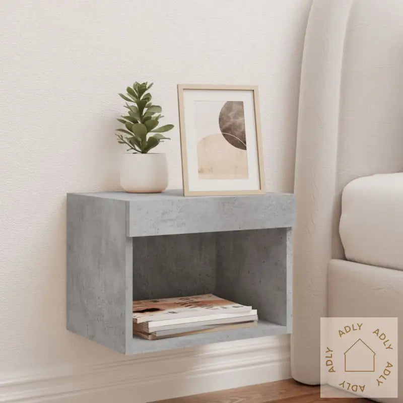 Veggmontert Nattbord Med Led-Lys Betonggrå