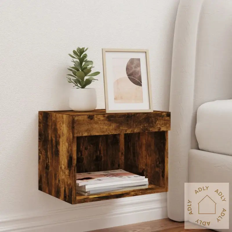 Veggmontert Nattbord Med Led-Lys Røkt Eik